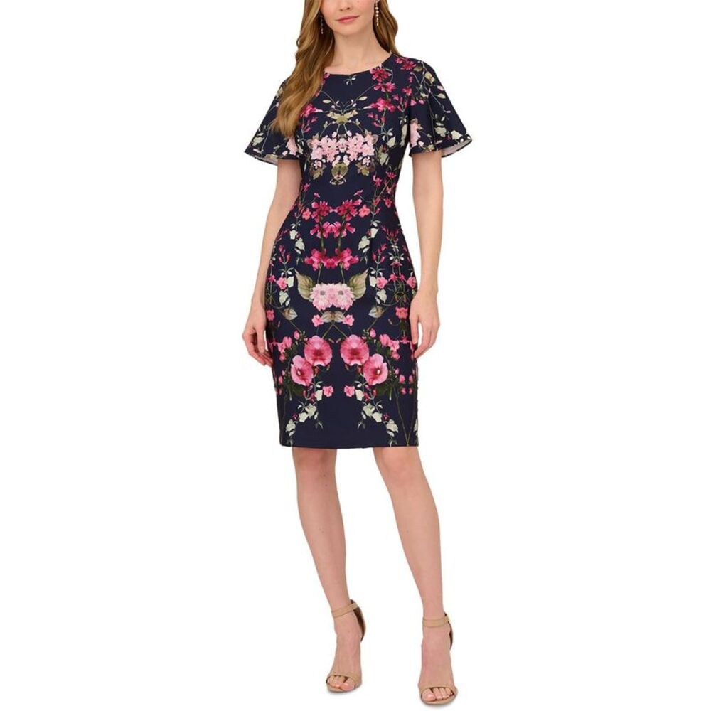 Adrianna Papell Womens Navy Crepe Knee-Length Floral Sheath Dress NWT